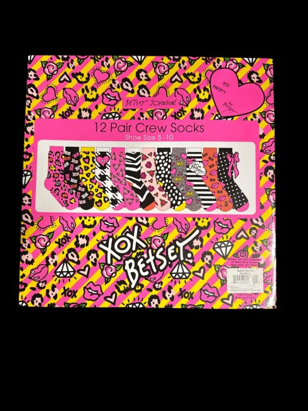 Betsey Johnson Women's Crew Sock Gift Box Assorted Print, 12 Pack new in box